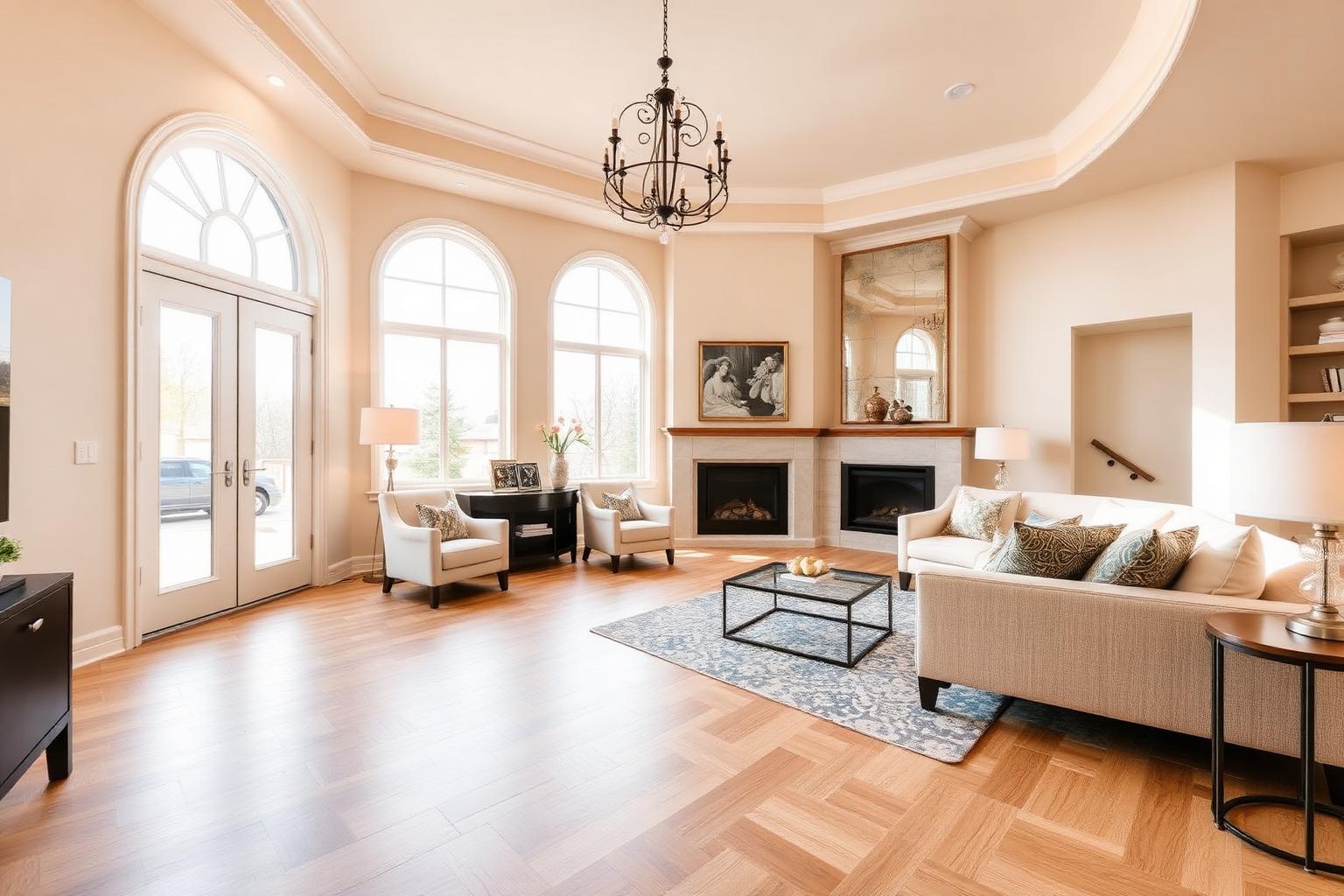 Wide-angle luxury living room with premium hardwood flooring